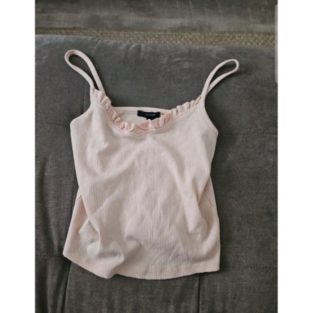 Forever‎ 21 Light Pink Ribbed Ruffle Trim Cami Tank Top Size Large Y2K